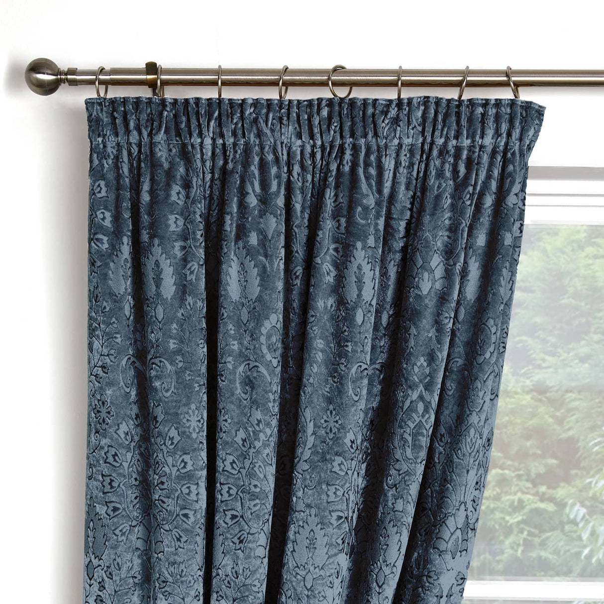 Trinity Jacquard Velvet Pencil Pleat Curtains - Blue Thermal Light Filtering - Trinity Pencil Pleat Curtains In Blue 2