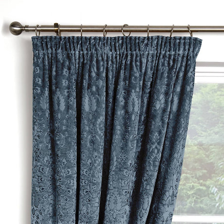Trinity Jacquard Velvet Pencil Pleat Curtains - Blue Thermal Light Filtering - Trinity Pencil Pleat Curtains In Blue 2