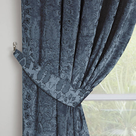 Trinity Jacquard Velvet Pencil Pleat Curtains - Blue Thermal Light Filtering - Trinity Pencil Pleat Curtains In Blue 3