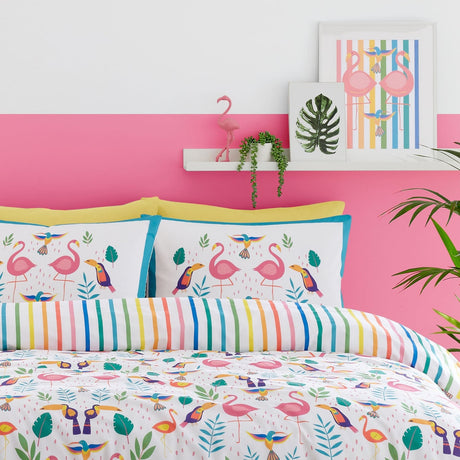 Tropical Flamingo Pink Polycotton Duvet Cover Set - Tropical Flamingo Duvet Cover Set In Pink 2