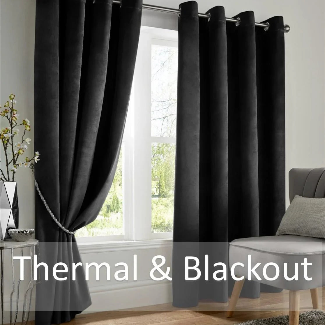 Alan Symonds Velvet Blackout Eyelet Ring Top Curtains in Black - Image 2