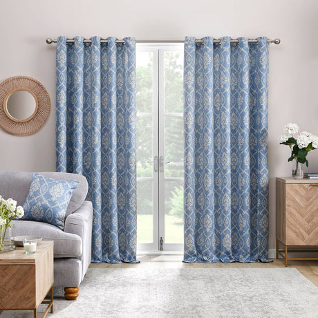 Vivianna Floral Dim Out Thermal Eyelet Curtains Blue Blackout Light Filtering