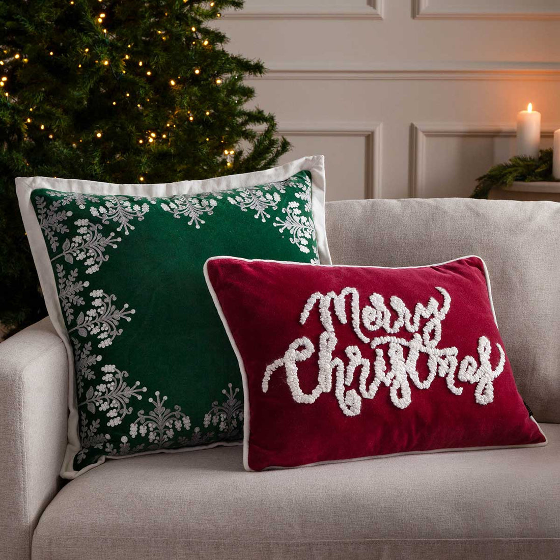 Winter Merry Christmas 100% Cotton Velvet Red Cushion Cover or Filled Cushion 30cm x 50cm