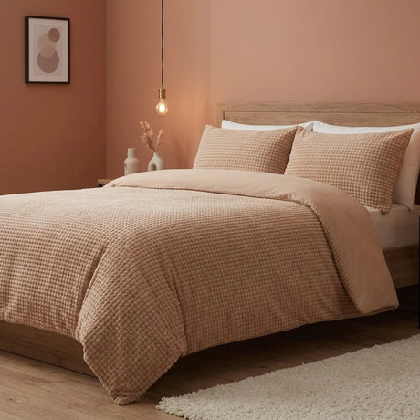 Waffle Teddy Latte Fleece Duvet Cover Bedding Set-2