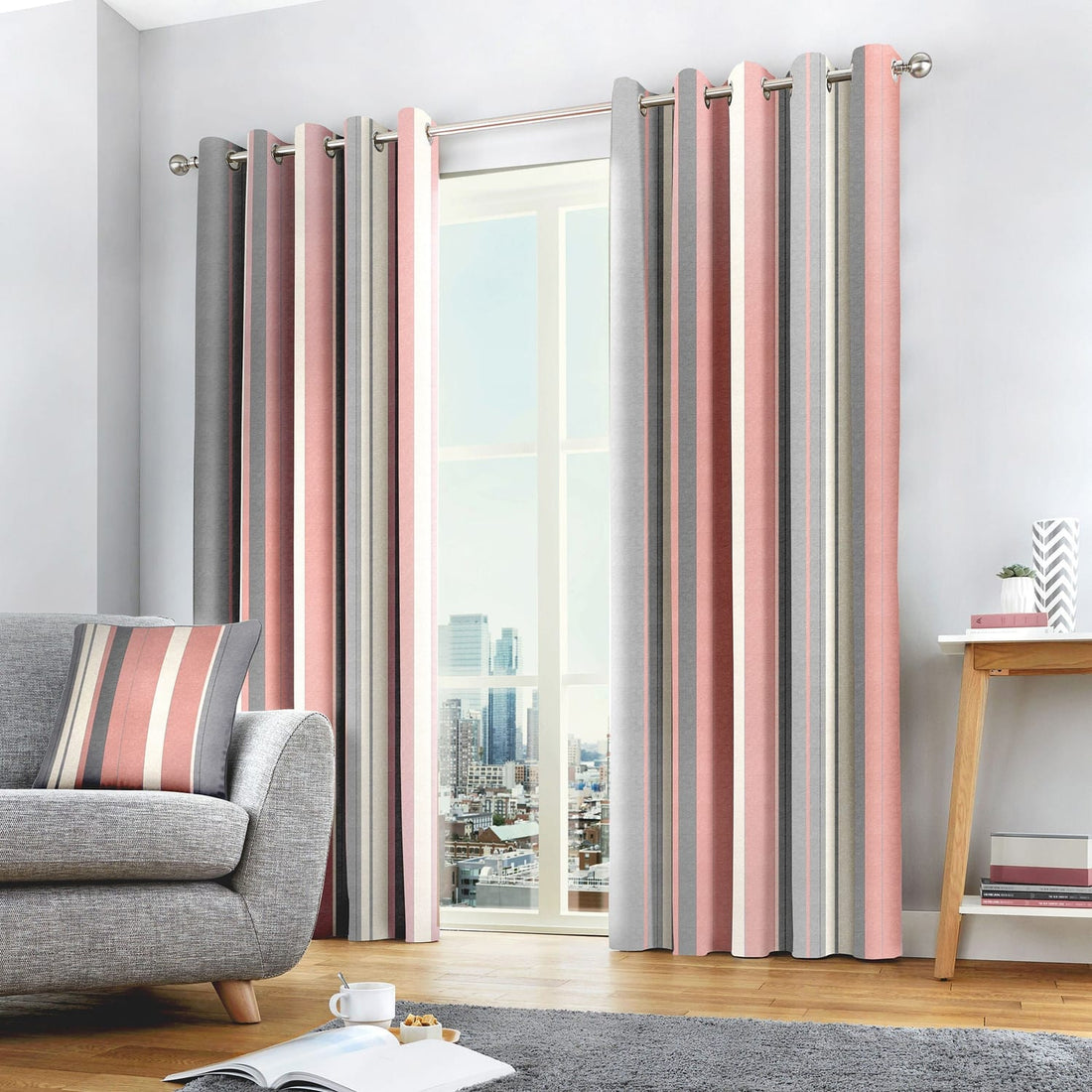 Whitworth Stripe Lined Blush Pink 100% Cotton Eyelet Curtains