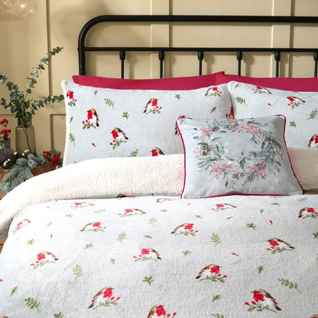 Winter Robin Duck Egg Microfibre Christmas Duvet Cover Set - Winter Robin Christmas Duvet Cover Set In Duck Egg 2