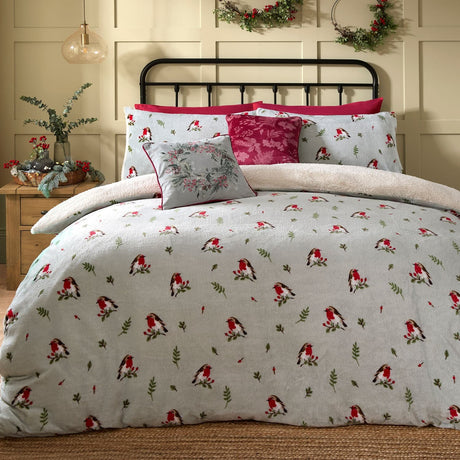 Winter Robin Duck Egg Microfibre Christmas Duvet Cover Set - Winter Robin Christmas Duvet Cover Set In Duck Egg 4