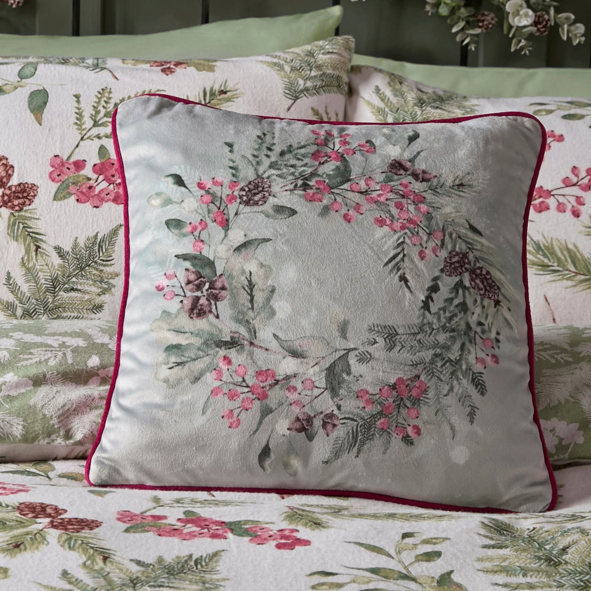 Winter Sprigs Floral Velvet Cushion Cover 43cm x 43cm - Winter Sprigs Cushion In Green 43 X 43Cm 4