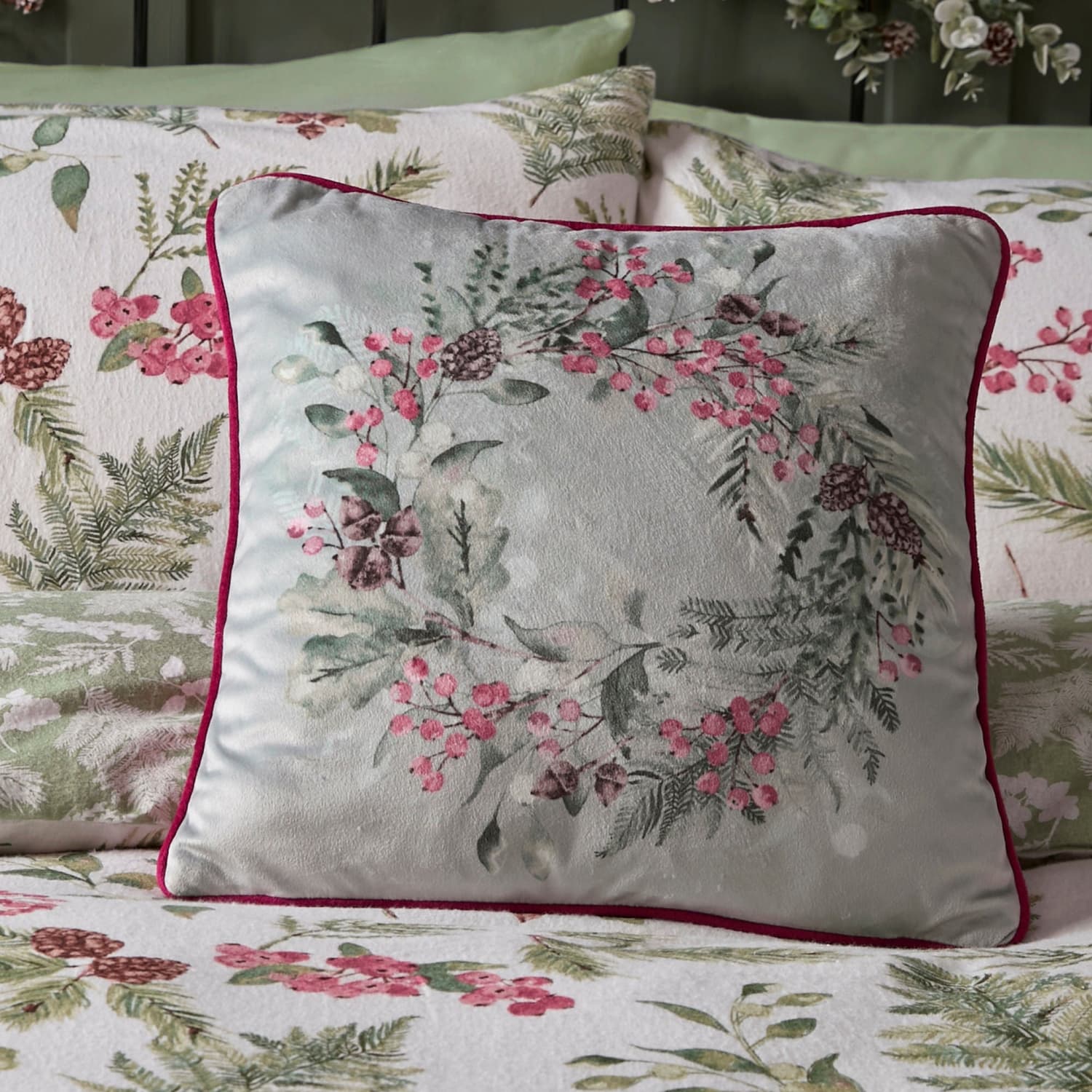 Winter Sprigs Floral Velvet Cushion Cover 43cm x 43cm - Winter Sprigs Cushion In Green 43 X 43Cm 4