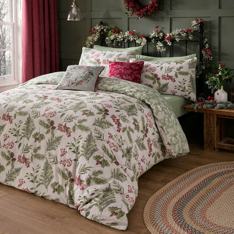 Winter Sprigs Flannelette Brushed Cotton Duvet Cover Set - Winter Sprigs Duvet Cover Set In Green 5