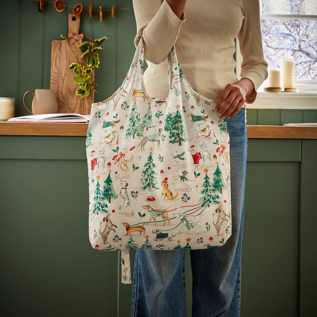 Ulster Weavers Winter Walkies Dog Print Christmas Foldable Tote Bag - Winter Walkies Foldable Tote Bag Medium In Beige 2
