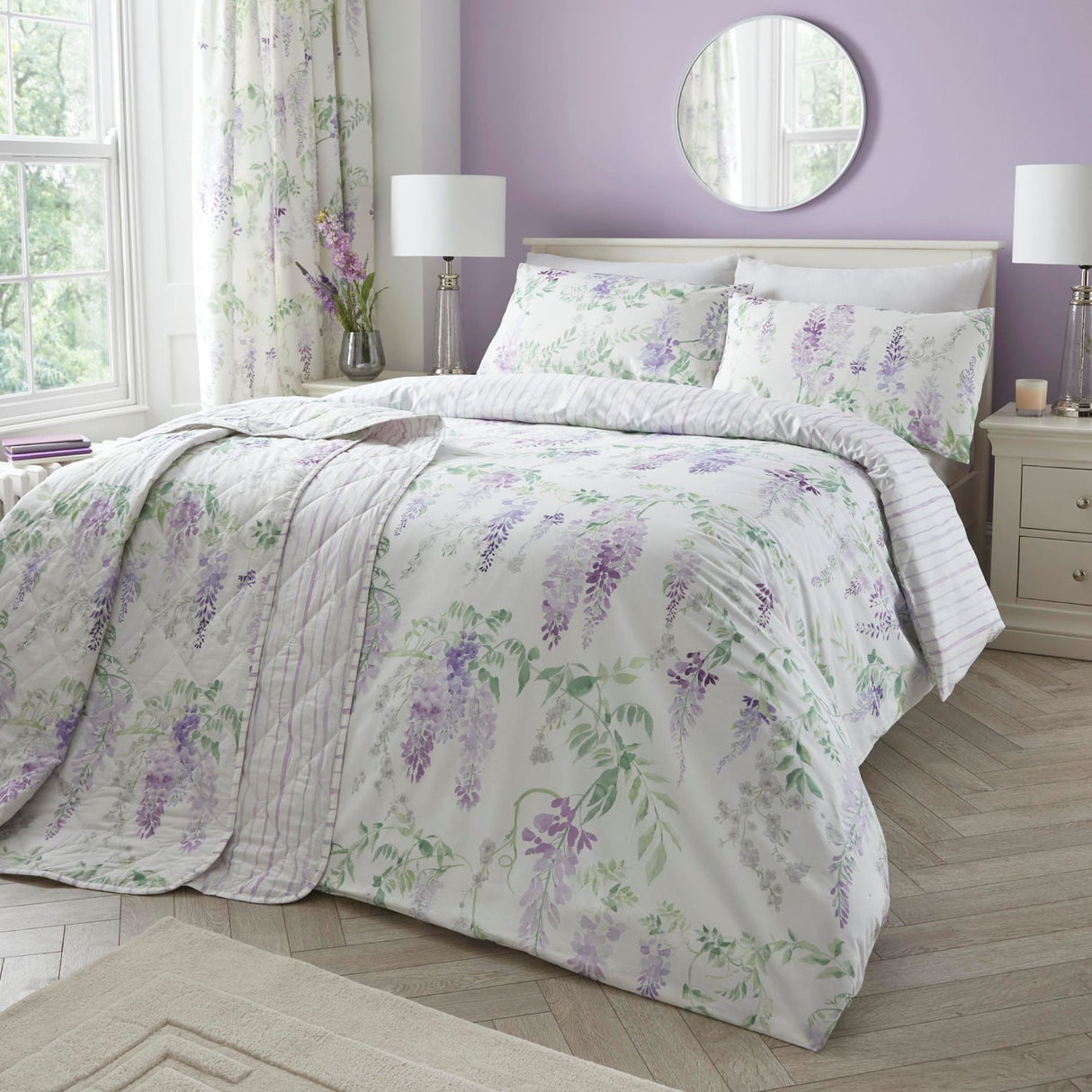 Wisteria Floral Bedspread Pink and Lilac 230cm x 200cm - Wisteria Bedspread In Lilac 200 X 230Cm 2