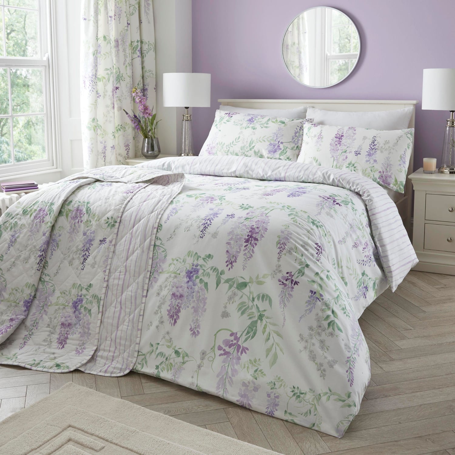 Wisteria Floral Bedspread Pink and Lilac 230cm x 200cm - Wisteria Bedspread In Lilac 200 X 230Cm 2