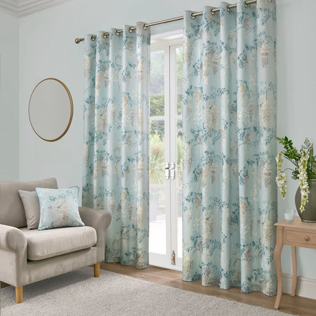 Wisteria Floral Lined Eyelet Curtains - Duck Egg Thermal Light Filtering