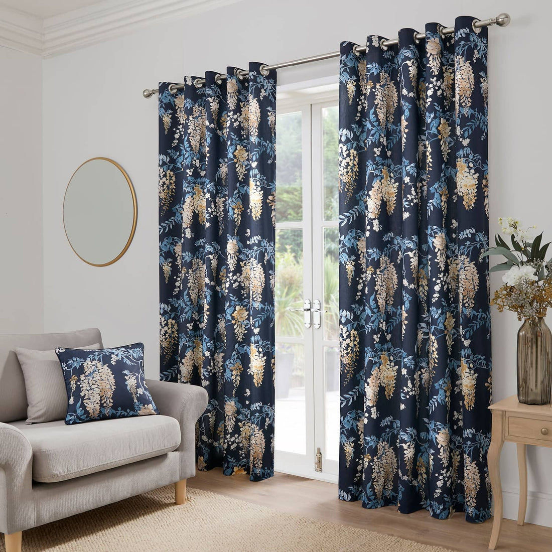 Wisteria Floral Lined Navy 100% Cotton Thermal Eyelet Curtains