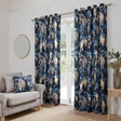 Wisteria Floral Lined Eyelet Curtains - Navy Thermal Light Filtering
