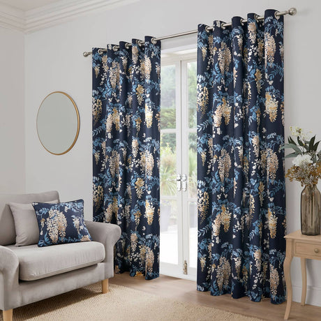Wisteria Floral Lined Eyelet Curtains - Navy Thermal Light Filtering