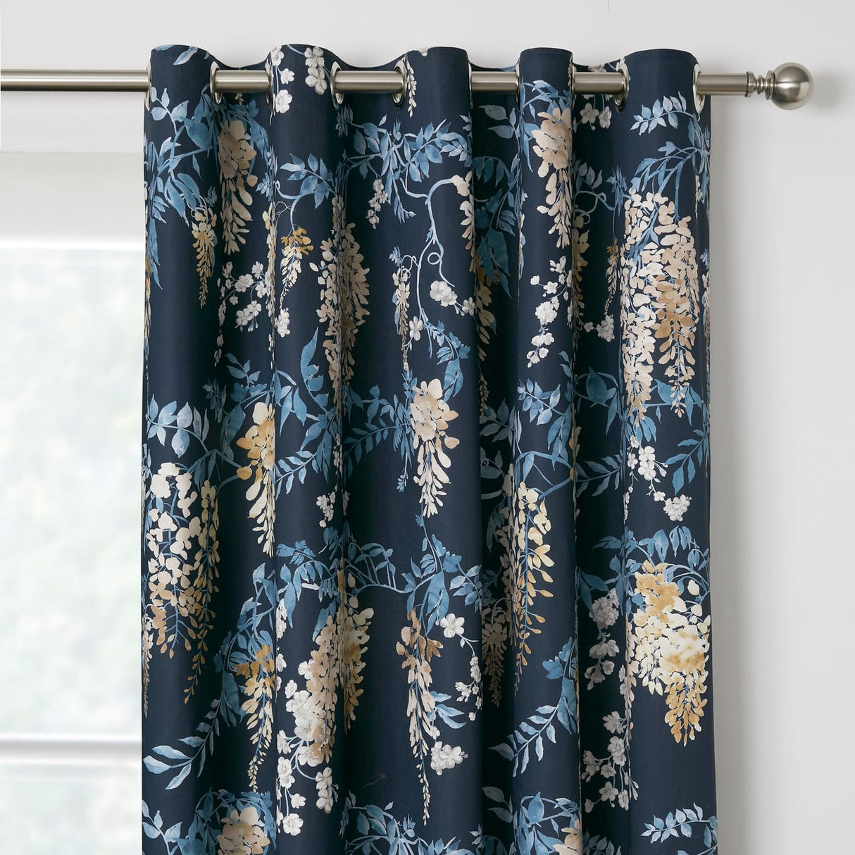 Wisteria Floral Lined Eyelet Curtains - Navy Thermal Light Filtering - Wisteria Eyelet Curtains In Navy 2