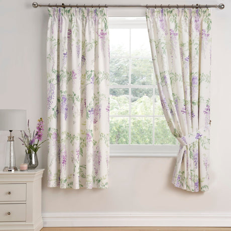 Wisteria Floral Lined Pencil Pleat Curtains - Lilac Thermal Light Filtering