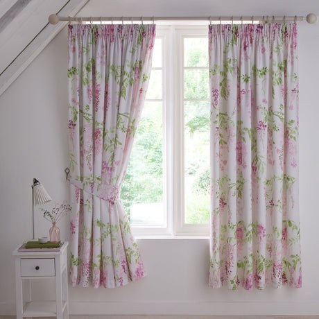 Wisteria Floral Lined Pencil Pleat Curtains - Pink Thermal Light Filtering