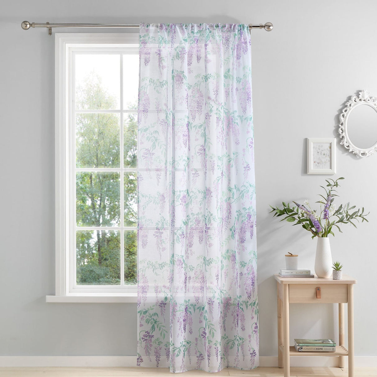 Wisteria Floral Voile Curtain Panel Printed Heavyweight - Lilac