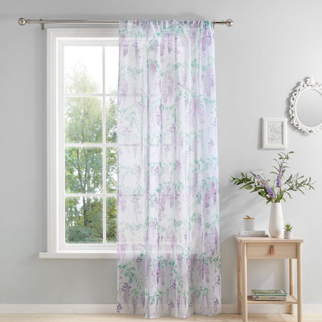 Wisteria Floral Voile Curtain Panel Printed Heavyweight - Lilac