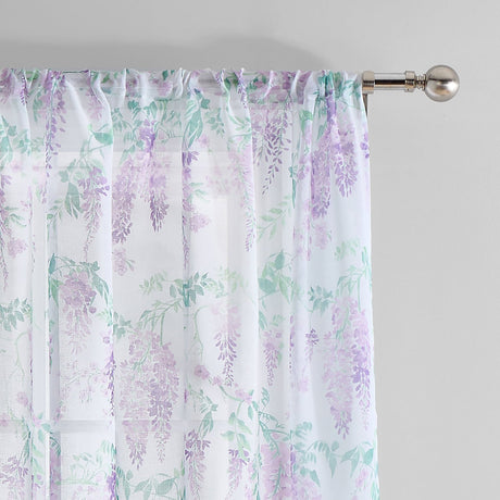 Wisteria Floral Voile Curtain Panel Printed Heavyweight - Lilac - Wisteria Voile Panel In Lilac 2