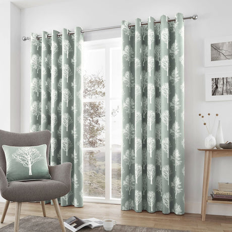 Woodland Trees Eyelet Curtains - Duck Egg Light Filtering