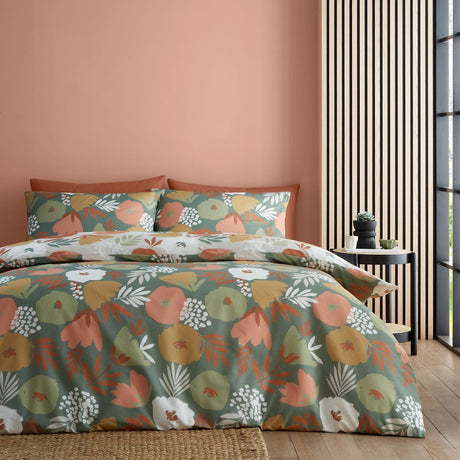 Yasmin Floral Polycotton Duvet Cover Set - Green - Yasmin Duvet Cover Set In Green 5