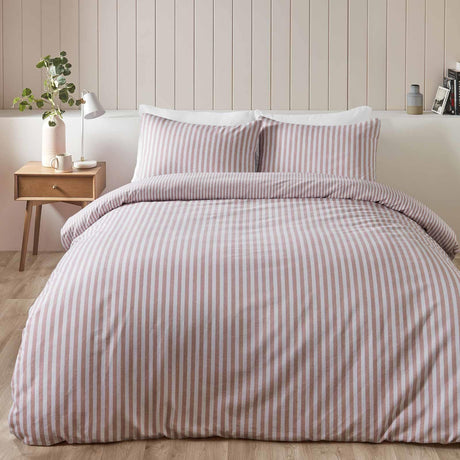 Catherine Lansfield Stripe Brushed Cotton Flannelette Duvet Cover Set - Pink
