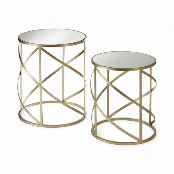 Set of 2 Champagne Iron Side Tables with Mirrored Glass Top