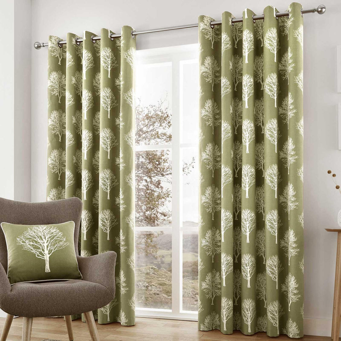Woodland Trees Green 100% Cotton Eyelet Curtains