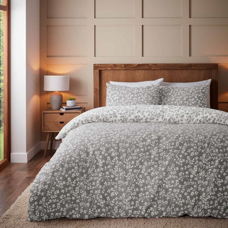 Catherine Lansfield Grace Floral Leaf Brushed Cotton Flannelette Duvet Cover Set - Grey