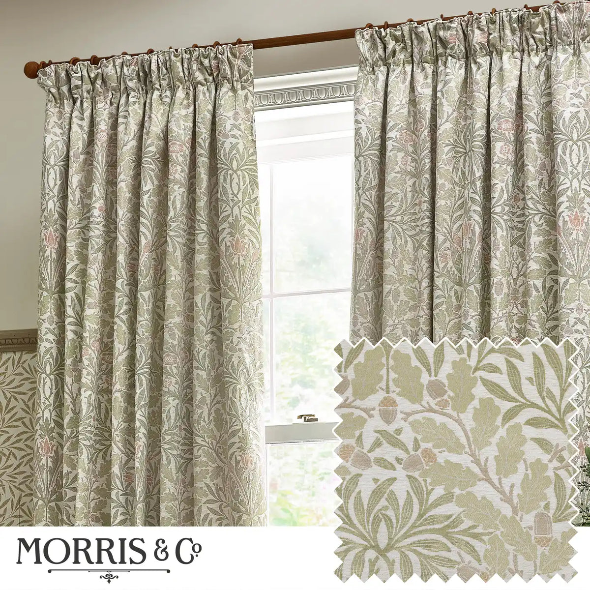 Acorn Stone / Sage Thermal Dimout Pencil Pleat Curtains - additional product view 1