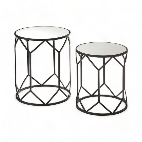 Set of 2 Black Steel Diamond Shaped Mirrored Glass Side Tables