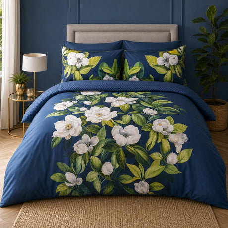 Alaya 200 Thread Count Cotton Floral Navy Duvet Cover Set styled on a bed in a coordinated bedroom lifestyle scene