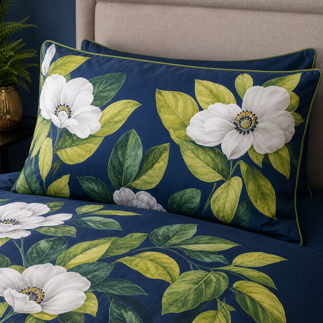 Close-up of matching Alaya 200 Thread Count Cotton Floral Navy Duvet Cover Set pillowcases showing the pattern and fabric detail