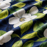 Macro close-up of the cotton fabric on the Alaya 200 Thread Count Cotton Floral Navy Duvet Cover Set