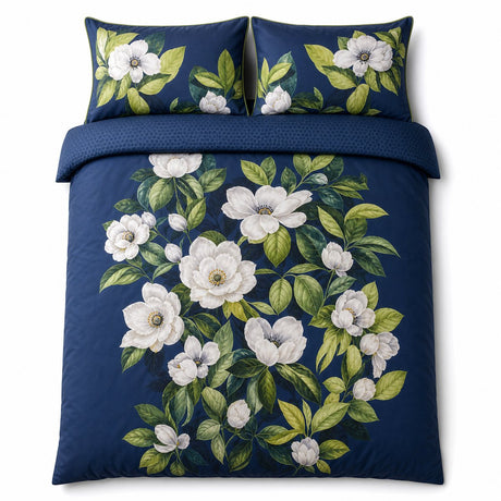 Overhead flat lay of the Alaya 200 Thread Count Cotton Floral Navy Duvet Cover Set with two matching pillowcases