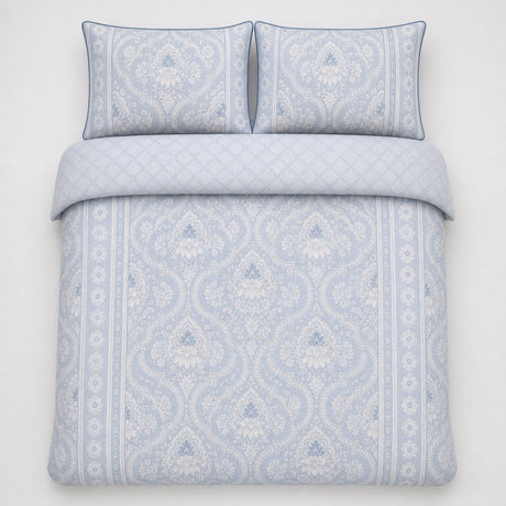 Overhead flat lay of the Alexia Blue Floral Cotton Duvet Cover Set with two matching pillowcases