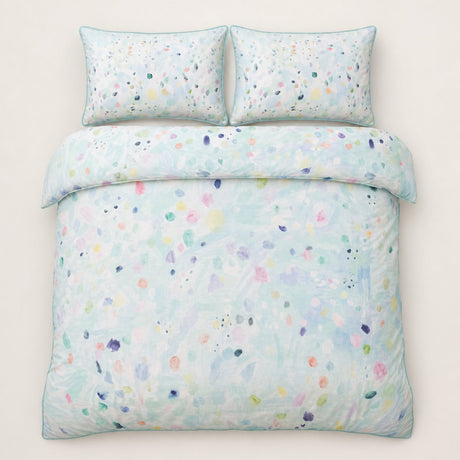 Overhead flat lay of Alfresco duck egg multicolour duvet cover set with two pillows