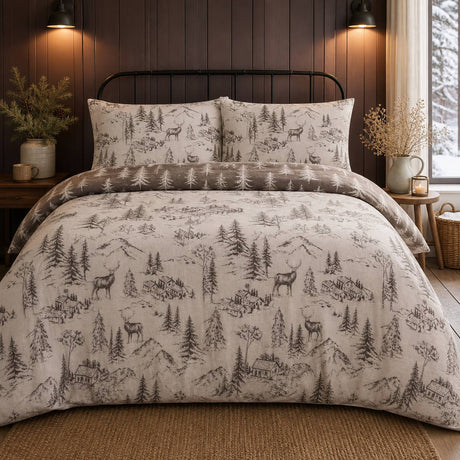 Alpine Stag Flannelette Duvet Cover Set in natural styled on a coordinated bedroom bed