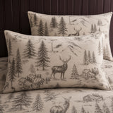 Close-up of Alpine Stag Flannelette Duvet Cover Set in natural pillowcases showing the print and fabric detail