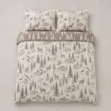 Overhead flat lay of the Alpine Stag Flannelette Duvet Cover Set in natural with two matching pillowcases