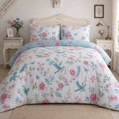 Amelle Blue floral polycotton duvet cover set styled on a fresh bedroom bed