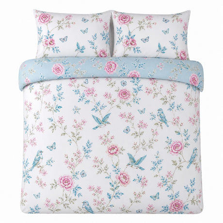 Overhead flat lay of the Amelle Blue floral duvet cover set with two pillows