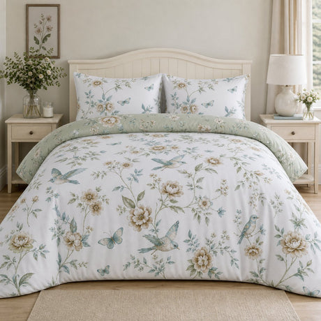 Amelle Green reversible floral polycotton duvet cover set styled with the pale sage reverse folded over