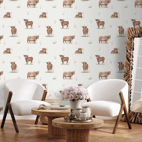 Catherine Lansfield Angus Highland Cow Wallpaper Natural