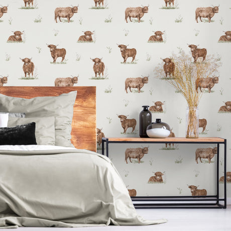 Catherine Lansfield Angus Highland Cow Wallpaper Natural