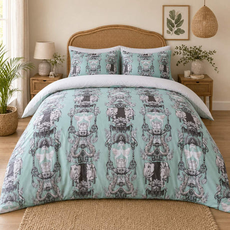 Animalia duck egg cotton sateen elephant duvet cover set styled on a warm natural bedroom bed